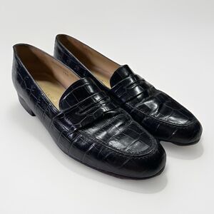 Ralph Lauren Black Croc-Embossed Leather Loafers Women’s Size 7AA Made in Italy